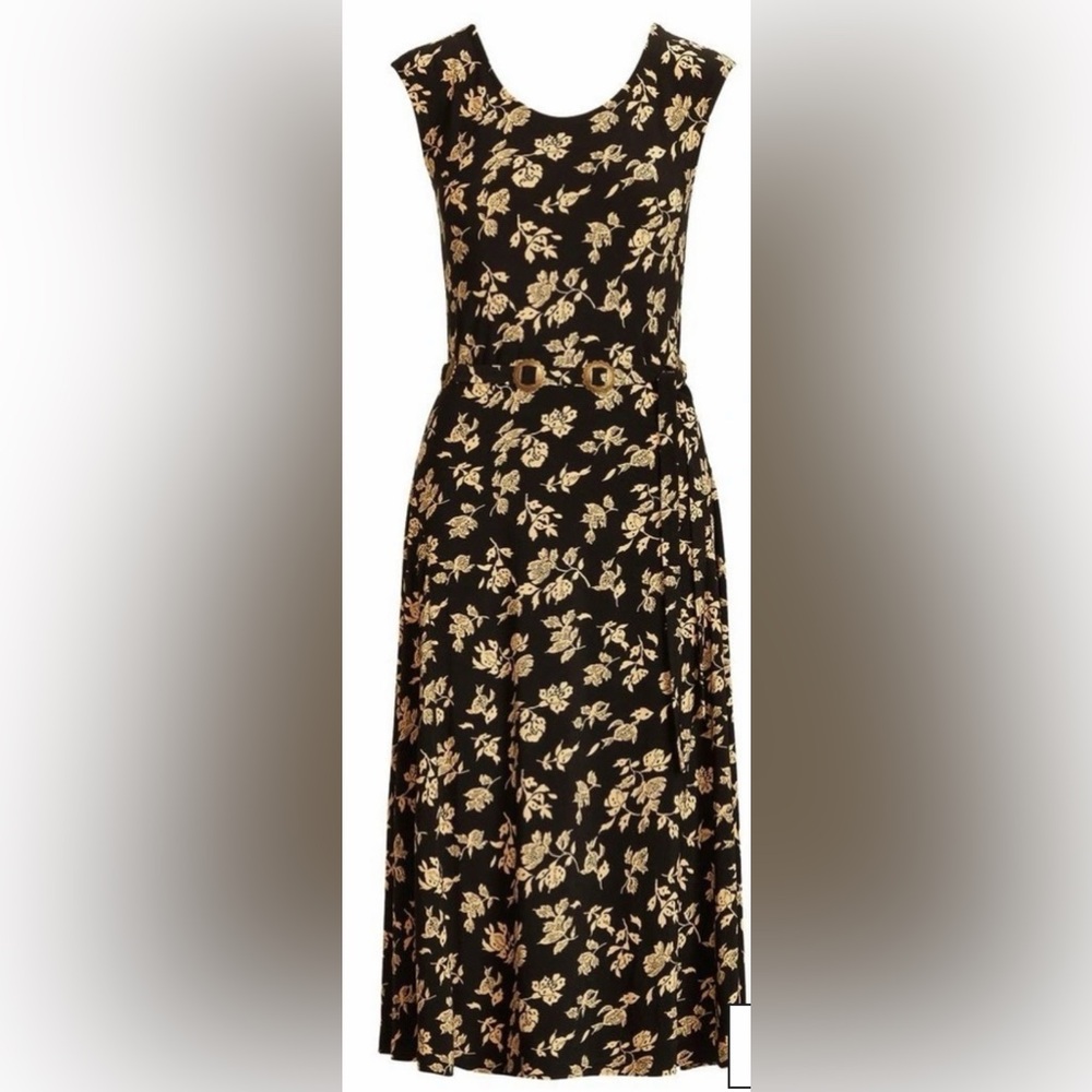 Ralph Lauren Floral Belted Jersey Cap-Sleeve Dress in Black